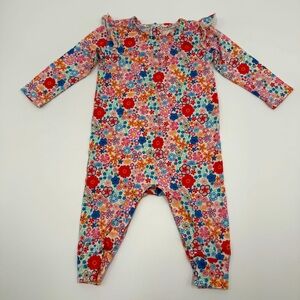 Tea Collection Baby Floral Ruffle Shoulder Romper 9-12 months w/ Cuffs Red Blue